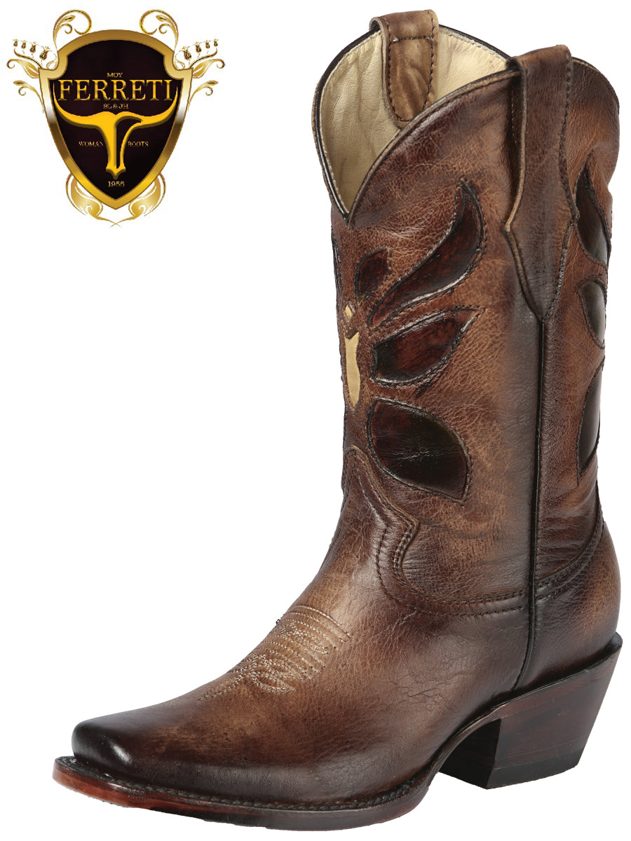 Bota Vaquera FERRETI Premium para Dama Original Horma Rodeo LIZBETH Cafe